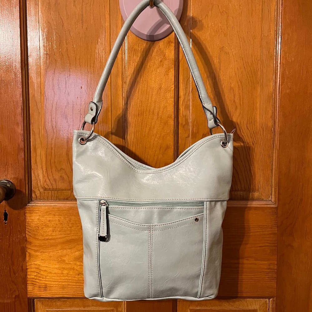 Unique Teal Vegan Leather Shoulder Bag with Silver Hardware